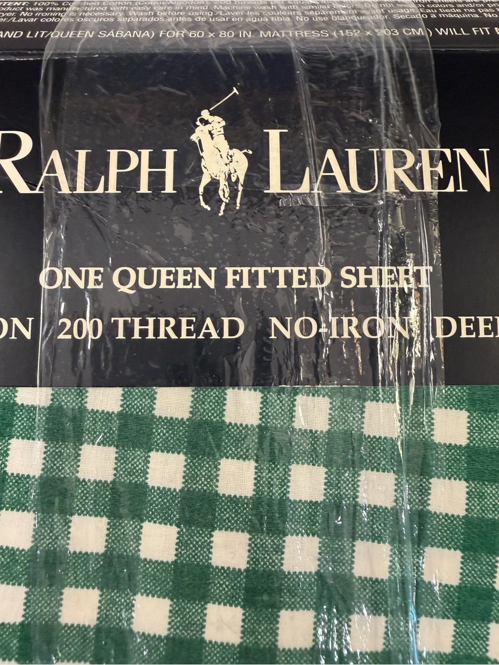 Ralph Lauren Wendy Gingham Queen Size Fitted Sheet Green Cotton NEW Open Package
